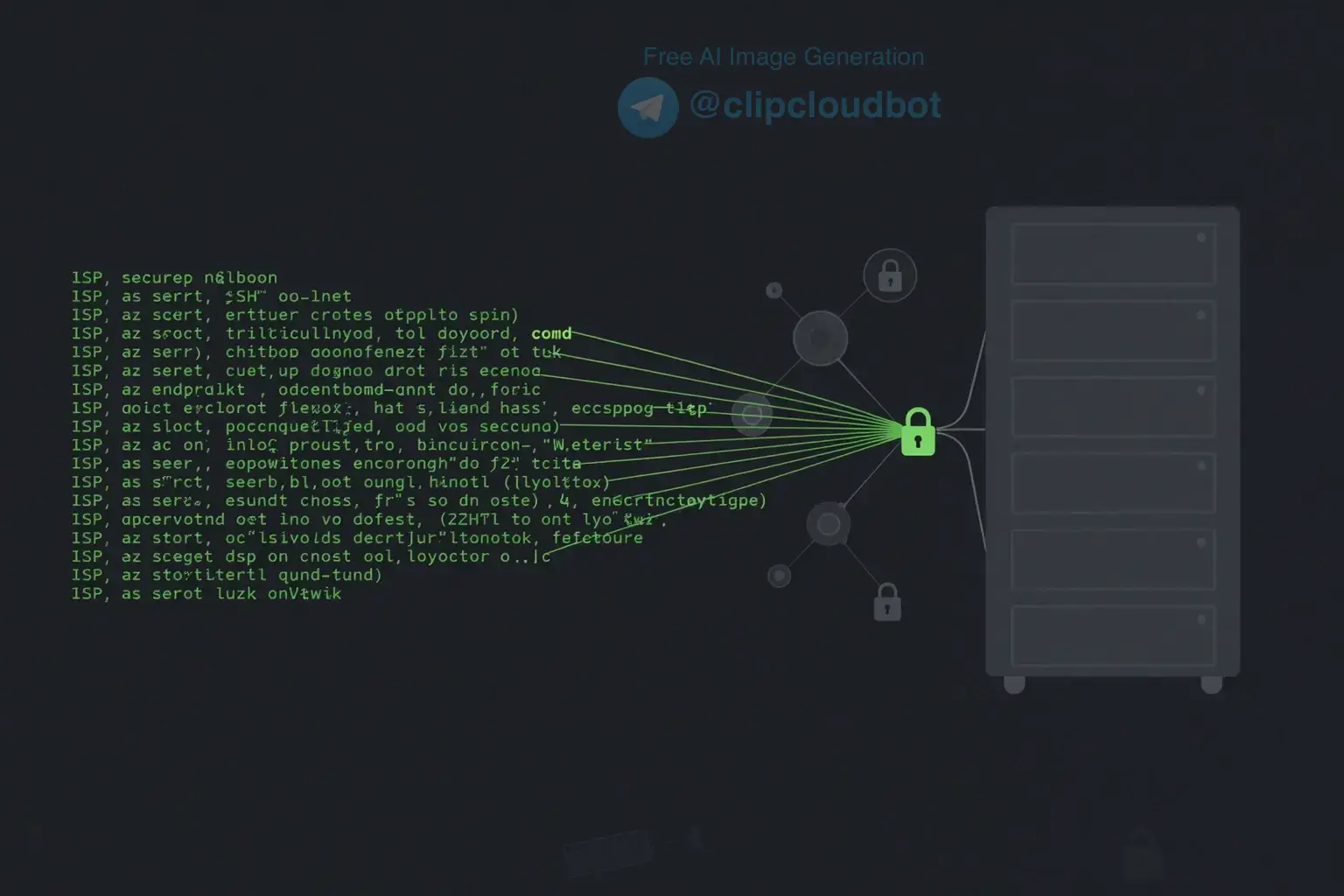 A modern computer terminal interface showing an active SSH connection with a secure tunnel visualization, displaying encrypted data flow between a local machine and a remote server through a proxy, with subtle network icons and lock symbols indicating security, minimalistic design, dark theme with green accent text, no visible text or labels