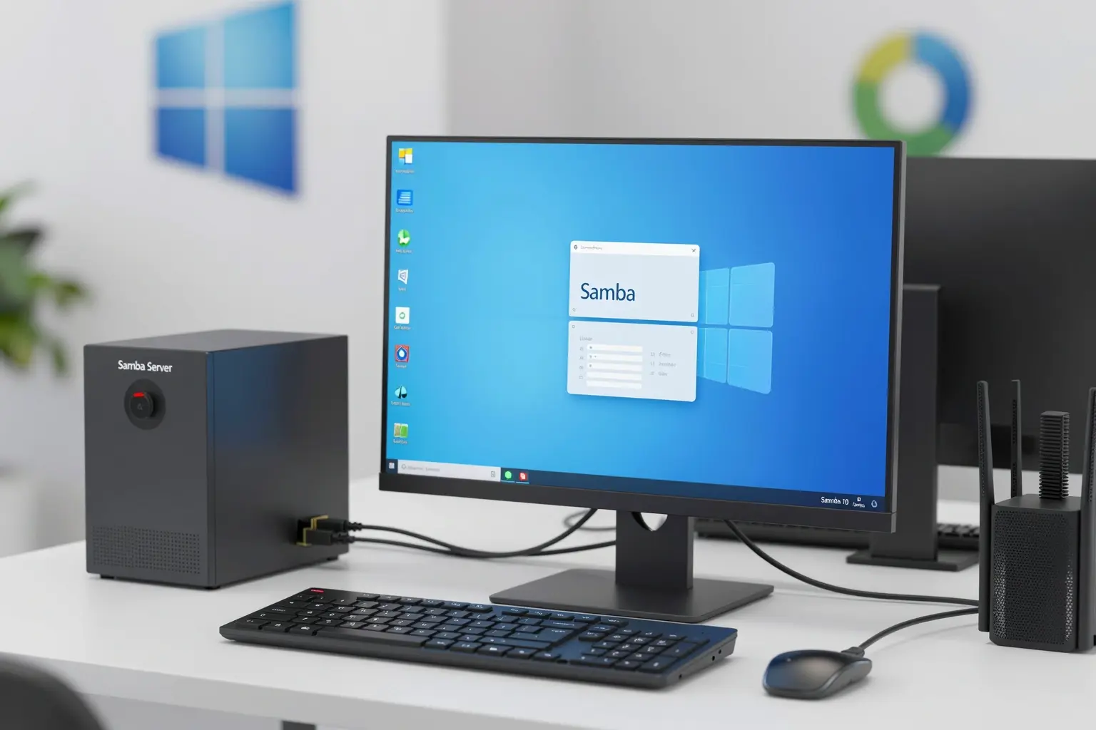 A modern office environment showing a Windows 10 computer on a desk with a Samba server icon displayed on the screen, network cables connecting the PC to a router labeled 'Samba Server', subtle Windows and Linux logos in the background, clean professional lighting, no text or labels visible on screen or surfaces