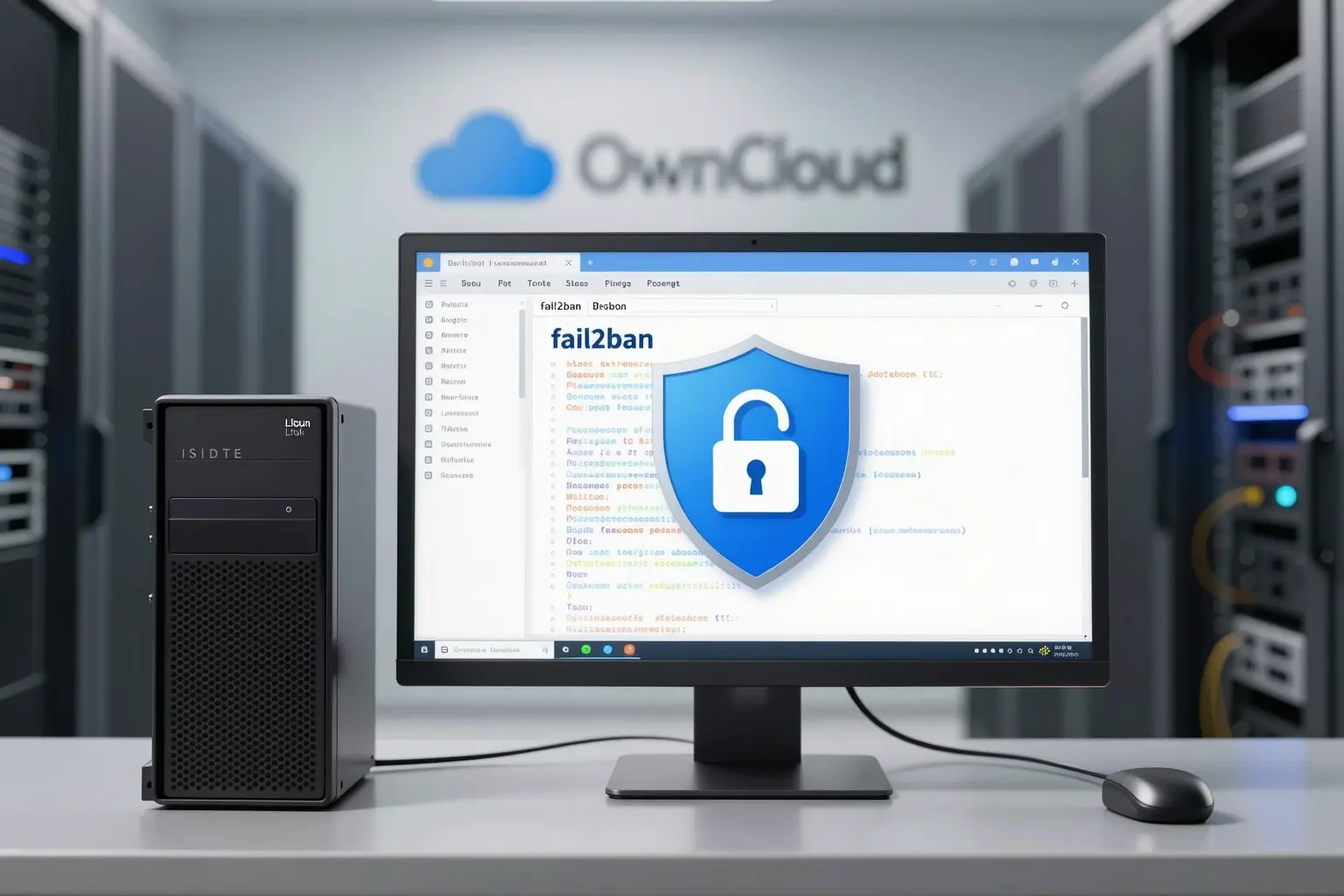 A modern server room with a Linux server displaying fail2ban logs on a monitor, a shield icon with a lock symbolizing protection, and the OwnCloud logo subtly integrated into the background, all in a clean, professional tech aesthetic with soft blue and gray tones
