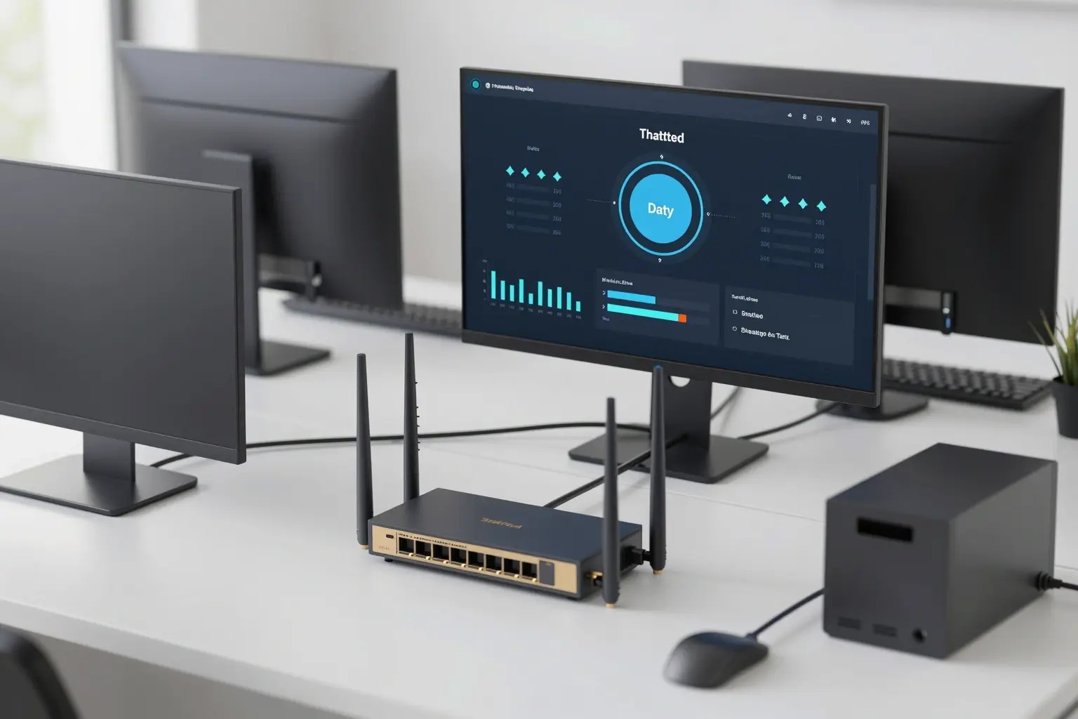 A modern office network diagram showing a router with traffic shaping controls, connected to multiple computers and devices, with visual indicators like throttled data flow arrows and bandwidth limits displayed on a screen, in a clean professional setting